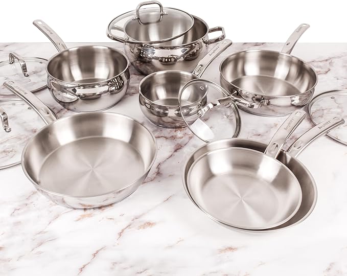BergHOFF Belly Shape 18/10 Stainless Steel 12Pc Cookware Set, Glass Lids, Fast, Evenly Heat, Induction Cooktop Ready