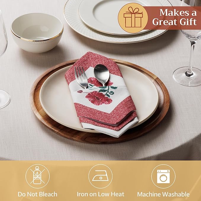 Maison d' Hermine Cloth Napkins Set of 4 100% Cotton Everyday Reusable Square Napkins Cloth Washable Dinner Party Wedding Restaurant Valentines Day Decorations Spring/Summer (Poppy, 18" x 18")