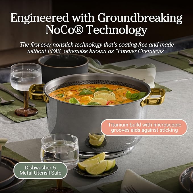 Our Place Titanium Perfect Pot Pro | 6.75 Qt Stock Pot with Lid & Silicone Spoon | PFAS-Free Nonstick, Fully-Clad Tri-Ply Stainless Steel & Aluminum | Induction & Oven-Safe up to 750°F | Gold