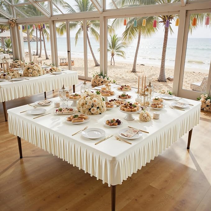 Wish Care Ivory Spandex Tablecloths for 60x60 Inch Square Tables, Stretch Fitted Table Clothes with Pleated Ruffle Skirt for 60” Table, Wrinkle Free and Elastic, for Party Kitchen Home Dining