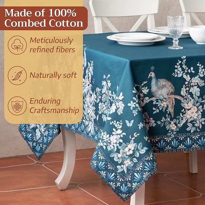 Maison d' Hermine Premium Table Cloth Square Table 100% Combed Cotton 70 x 70 Inches Tablecloth Reusable Decorative for Dining Room, Farmhouse, Party, Festive & Wedding - Peacock Utopia - Deep Sea