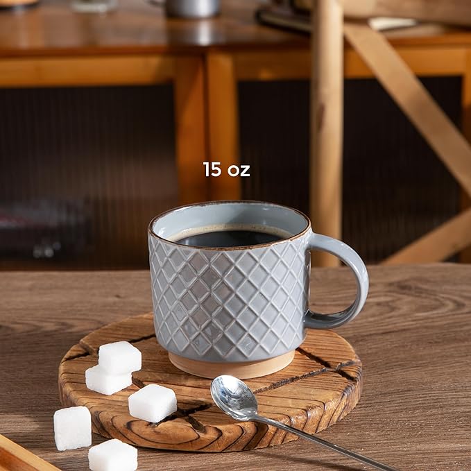 GBhome 15OZ Stackable Coffee Mugs, Ceramic Coffee Mugs with Texture Patterns for Man,Woman,Dad,Mom, Modern Coffee Cups Set of 4 for Latte/Cappuccino/Cocoa. Dishwasher&Microwave Safe, Gray