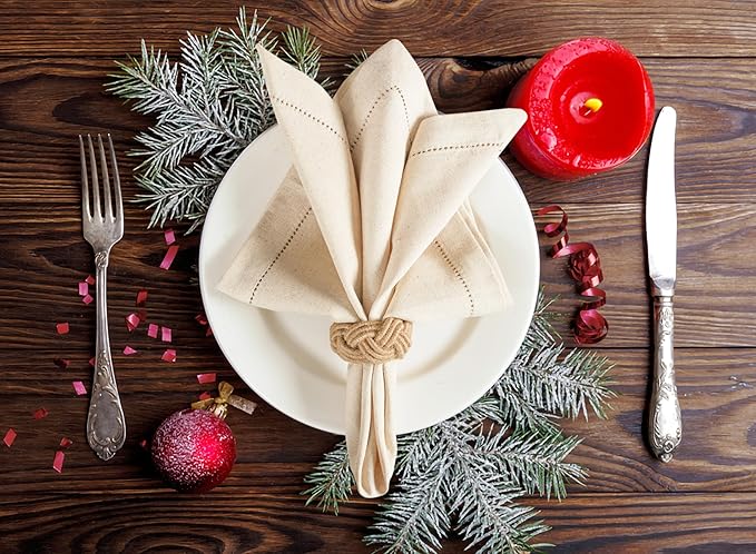 Lightnpro Flax Linen Napkins Set of 12, Hemstitched Dinner Cloth Napkins, Washable and Reusable for Dining, Parties, Weddings, Holiday & Everyday Use – 18x18 Inch Natural Color