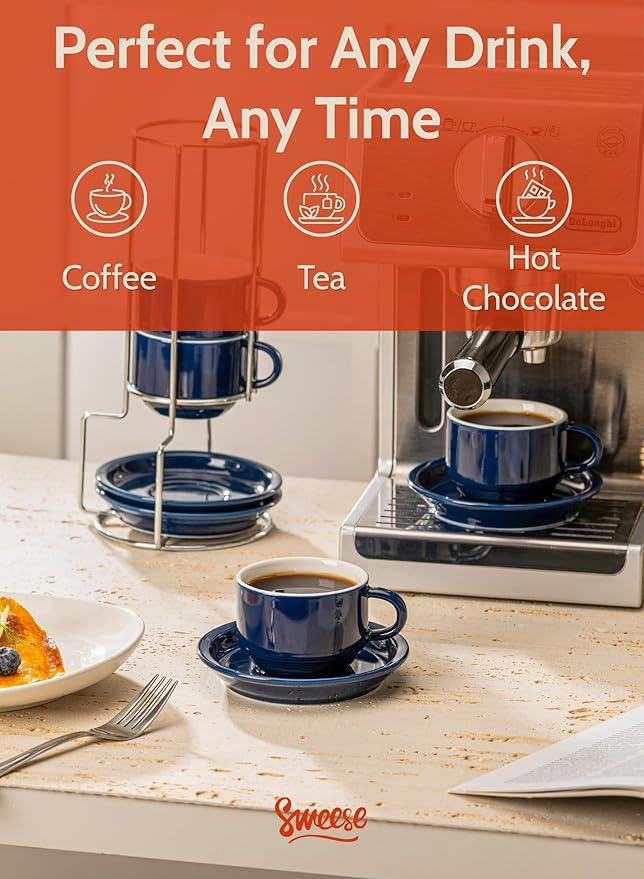 Sweese 8 Ounce Porcelain Stackable Cappuccino Cups with Saucers and Metal Stand - for Specialty Coffee Drinks, Cappuccino, Latte, Americano and Tea - Set of 4, Navy