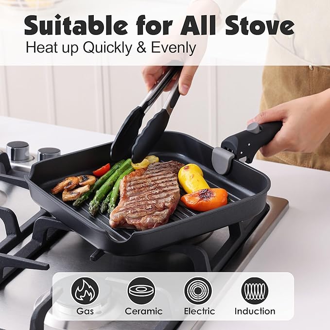 SENSARTE 17 Piece Pots and Pans Set, Nonstick Detachable Handle Cookware Set, Induction Kitchen Cookware Set with Removable Handle, Healthy Non Stick for RV, Dishwasher ＆ Oven Safe, PFOA Free (Black)