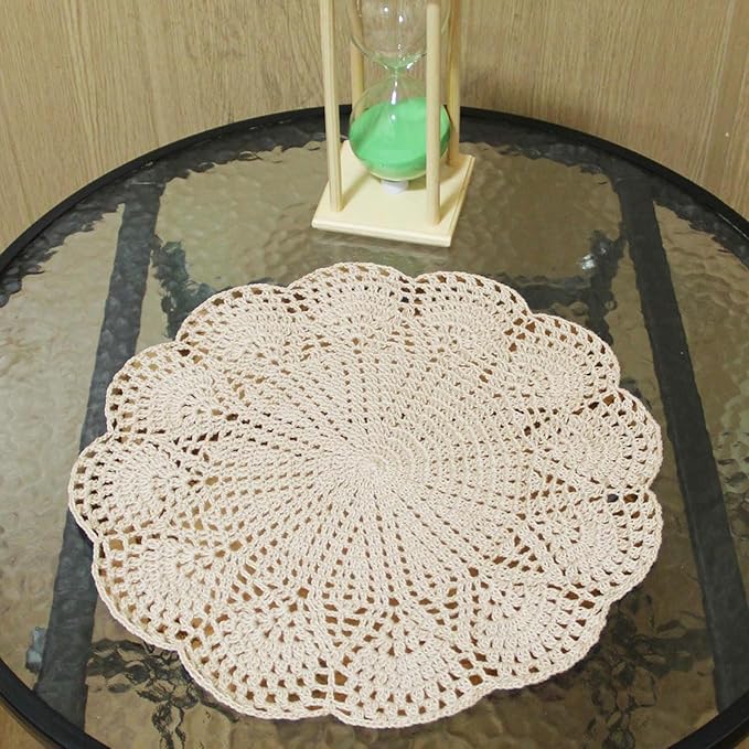 BIBITIME 11.8 in to 13.8 in Round Flower Lace Doilies Vase Mats Kitchen Tablecloth Dish Plate Mat Handmade Crochet Table Doily Placemats (Beige,1PC)
