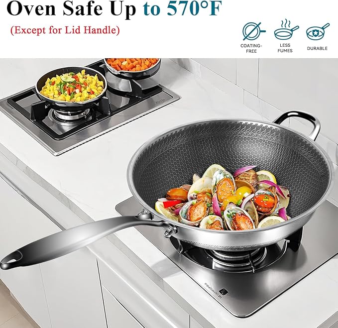 Wok Pan 12 Inch with Standing Lid, 18/10 Stainless Steel Honeycomb Wok, Hybrid Stir Fry Pan with Flat Bottom, Physical Non-Stick Structure, Induction Compatible, Dishwasher & Oven Safe