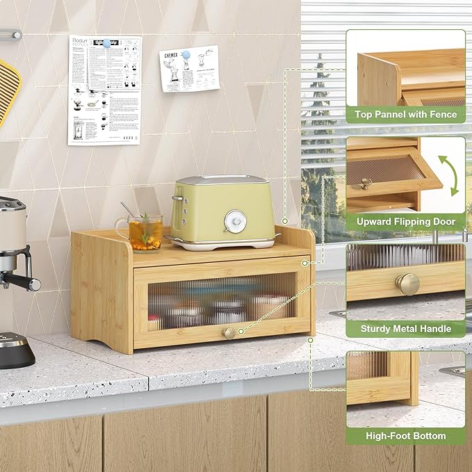 Bread Box for Kitchen Countertop, Large Bread Container Storage, Wooden Farmhouse Bread Box with Window Bread Holder (Vintage Bamboo)