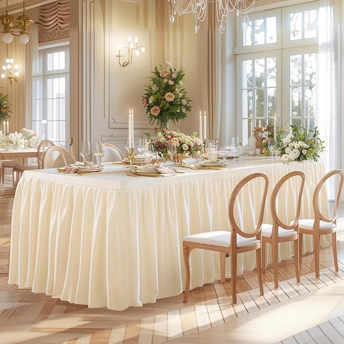 Wish Care 2 Pack Light Champagne Rectangle Table Clothes for 8 Foot Tables, Polyester Fitted Tablecloths 8ft Stretch Table Cover for Wedding, Birthday, Parties, Trade Show, Craft Show