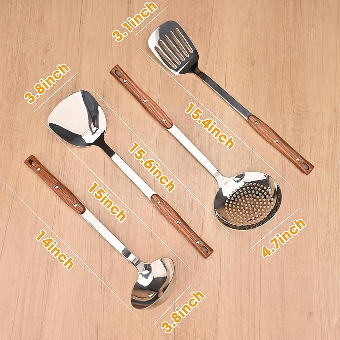 FJNATINH Kitchen Utensils Set, Wok Spatulas, Ladle, Skimmer Spoon, Slotted Turners, Heat Resistant Stainless Steel Wok Tools for Serving, Cooking, Stirring, 4Pcs