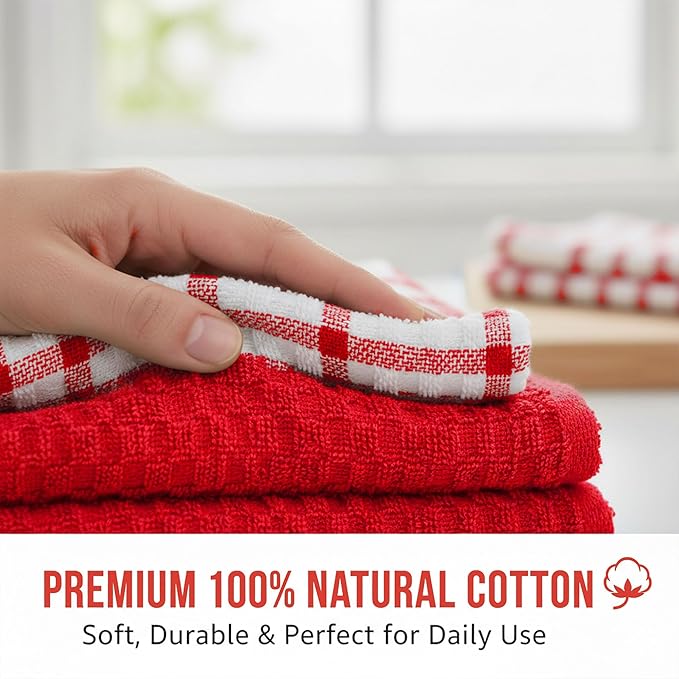 GOLD TEXTILES Kitchen Towels 6 Pack Premium 100% Cotton Dish Towels for Kitchen (15 x 25 Inches) Super Soft & Absorbent Kitchen Hand Towels for Drying Dishes, Cleaning - Reusable and Washable (Red)