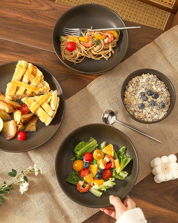 Dinnerware Sets, Stoneware Plates and Bowls Sets, Farmhouse 16 Piece Dish Set for 4, Ceramic Plates Set with Mugs for Kitchen, Scratch Resistant, Dishwasher & Microwave Safe, Matte Black