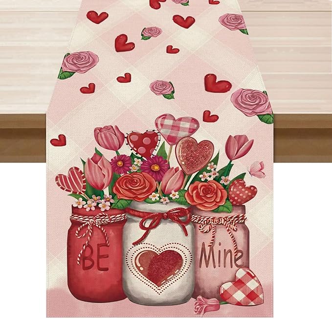 XCHI Roses Flowers Love Hearts Vase Valentine’s Day Table Runner Table Decoration for Party Home Kitchen Dining Dinner Holiday Decor 13x120 Inch