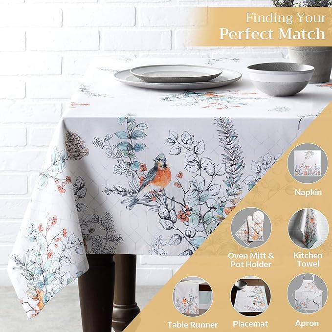 Maison d' Hermine Table Cloth Rectangle Table 100% Cotton 60 x 90 Inches Fall Tablecloth Reusable Everyday Use for Thanksgiving Christmas Decorations Dining Farmhouse Party (Whitish Shabby Chique)