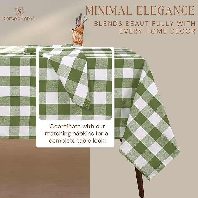Mint Green and White Buffalo Check Tablecloth, 60x102 Inches, Plaid Table Cover, 100% Cotton, Washable, Reusable Farmhouse Tablecloth for Holidays, Parties, Weddings, Everyday Use
