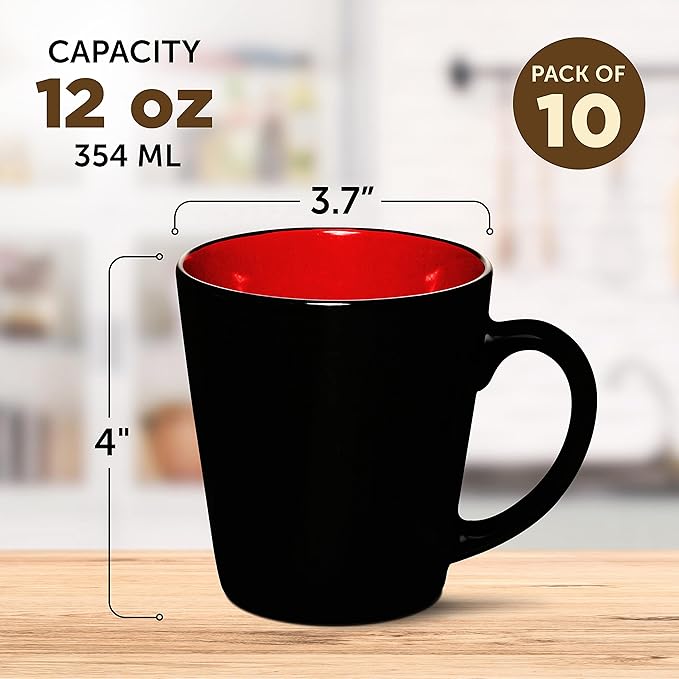DISCOUNT PROMOS Ceramic Coffee Latte Mugs 12 oz. Set of 10, Bulk Pack - Perfect for Coffee, Tea, Espresso, Hot Cocoa, Other Beverages - Red