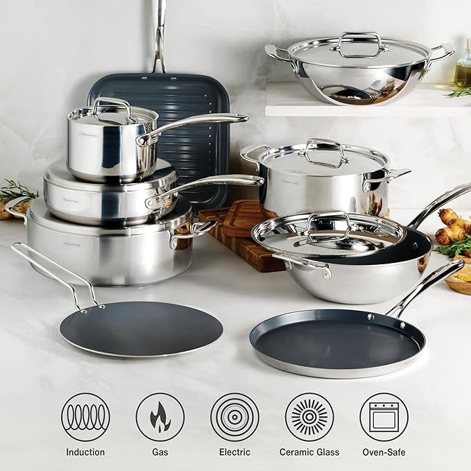 Tramontina Utsava Tri-Ply Clad Stainless Steel 3.75-Quart Wok with Lid and Ceramic Non Stick Interior, Induction-Ready Cooking Pan