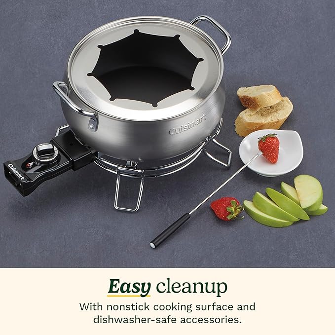 Cuisinart Fondue Pot Set, 3-Quart Stainless Steel Electric Fondue Pot for Chocolate, Cheese, Broth, and Oil, Includes 8 Forks, Temperature Control, Nonstick Interior, Dishwasher Safe, CFO-3SSNAS