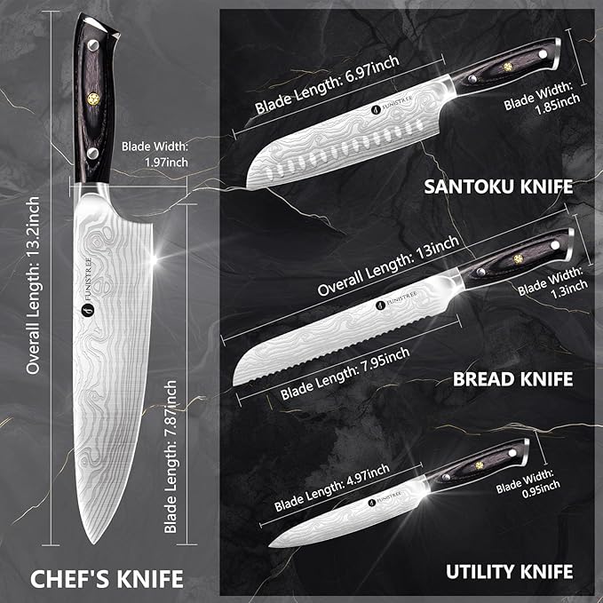 4 Pieces Professional Kitchen Knife Set, Damascus German Stainless Steel Chef Knife Set With Wooden Box, 8" Chef Knife, 5" Utility Knife, 8" Bread Knife, 7" Santoku Knife, Gift for Men Women
