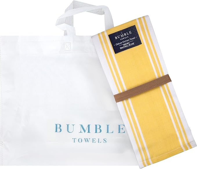 Premium Kitchen Towels (20”x 28”, 6 Pack) | Large Cotton Dish Towels | Flat & Terry Highly Absorbent Kitchen Linen Set with Hanging Loop | Wide Stripe Yellow