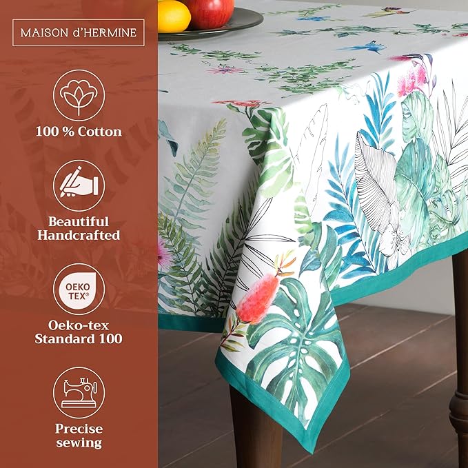 Maison d' Hermine Table Cloth Rectangle Table 100% Cotton 70 x 90 Inches Tablecloth Reusable Decorative for Dining Room Farmhouse Home Valentines Day Decorations Spring Summer - Tropiques
