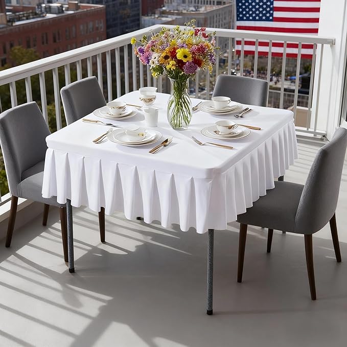 Wish Care White Spandex Tablecloths for 48x48 Inch Square Tables, Stretch Fitted Table Clothes with Pleated Ruffle Skirt for 48” Table, Wrinkle Free and Elastic, for Party Kitchen Home Dining