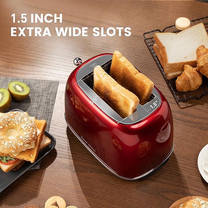 Roter Mond 2 Slice Toaster Retro Stainless Steel with Bagel, Cancel, and Defrost Functions, 6 Bread Shade Settings, Extra Wide Slots and Removable Crumb Tray, Red