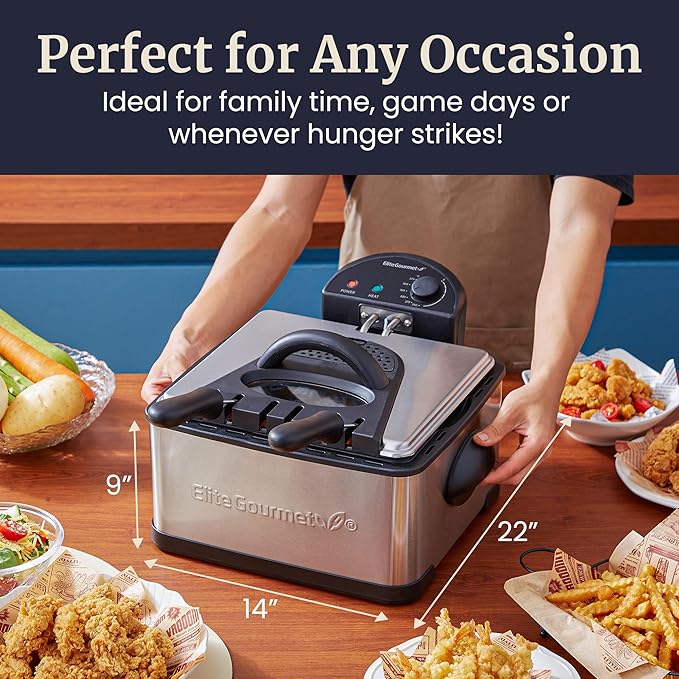 Elite Gourmet EDF434 Electric Deep Fryer 4.5 Quart Oil Capacity with Temperature Knob, 2 Baskets, Powerful 1700 Watts, Lid with Anti-Odor Filter & Viewing Window, Stainless Steel