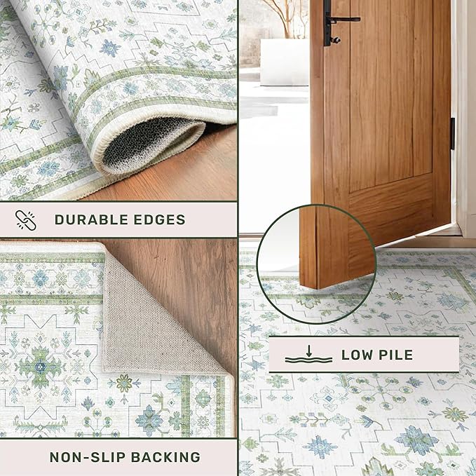 Oushak Wide Hallway Runner Rug 2'6"x8' - Vintage Turkish Floral, Washable Low Pile Non Slip Extra Long Runners for Kitchen, Hall Way - Cream Blue and Green