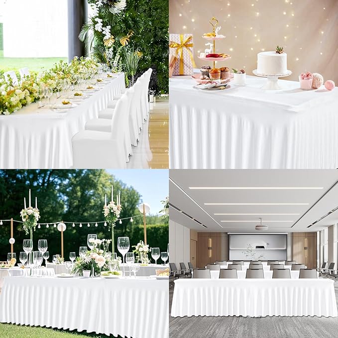 6FT White Rectangle Tablecloth with Elastic Table Skirt – Wrinkle-Free Spandex Stretch Fitted Table Cover for Wedding Birthday Party Banquet Buffet Restaurant Event