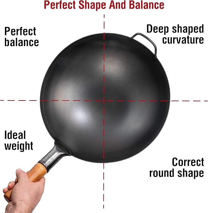 YOSUKATA 14" Carbon Steel Wok with Round Bottom – Pre-Seasoned Pow Wok for Stir Fry – Traditional Chinese Japanese Black Steel Pan – Outdoor Cookware for Gas Stovetops, Open Fire, BBQ, Camping