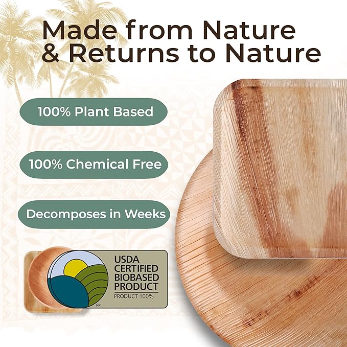 Indie Palm Disposable Palm Leaf Plates – 100 Pack 6 Inch Square – Heavy Duty, 100% Compostable & Biodegradable – Eco-Friendly Alternative to Plastic & Bamboo – Perfect for Parties & Events