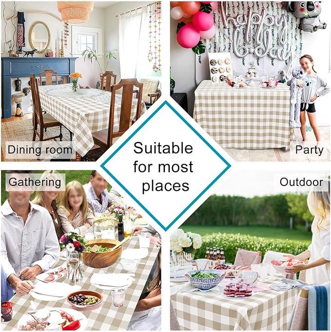 Hiasan Checkered Square Tablecloth - Stain Resistant, Waterproof and Wrinkle Resistant Washable Table Cloth for Dining Room, 60 x 60 Inch, Khaki and White Gingham Pattern