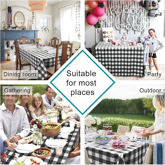 Hiasan Checkered Tablecloth Rectangle, 70 x 90 Inch - Waterproof and Wrinkle Resistant Table Cloth for Picnic, Dinner and Party, Washable Polyester Fabric, Black and White Gingham Pattern