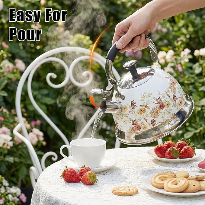 Stainless Steel Whistling Tea Kettle Stovetop - 3.1QT Tea Pot for Stove Top, Vintage Floral Print, Foldable Handle, 304 Stainless Steel Interior Teatop for Tea, Coffee, Party & Gift