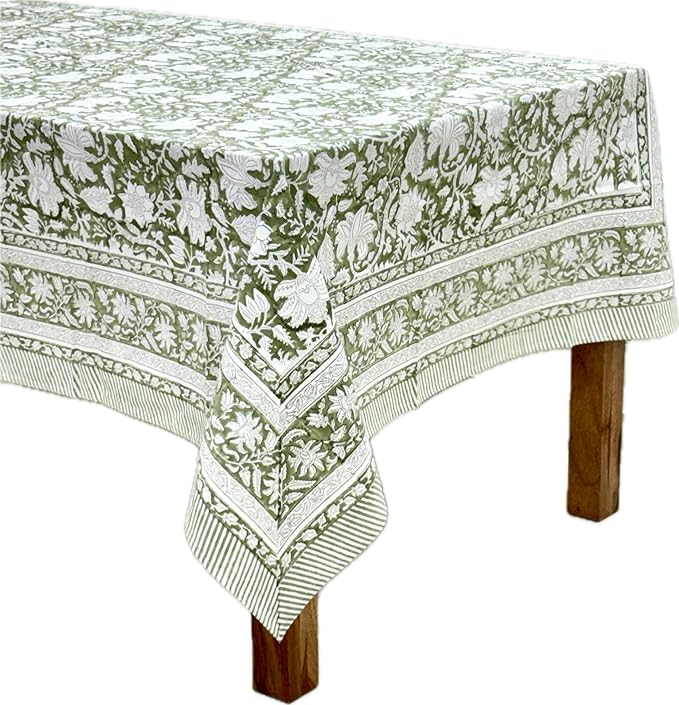ATOSII Noori Green 100% Cotton Fall Tablecloth, Block Print Rectangle Table Cover for Dining, Weddings, Holidays, Thanksgiving, Easter 60 X 60 Inches - 4 Seater I Grandmillennial Preppy Boho Farmhouse