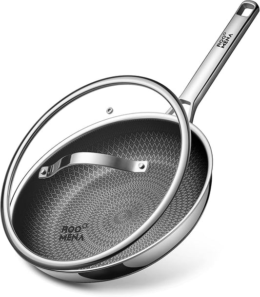 Non Stick Frying Pans Hybrid Ceramic With Lid, 12 Inch Tri-Ply Stainless Steel Skillet, Non-Toxic, PFAS/PFOA/PTFE Free, Metal Utensil Safe, Dishwasher & Oven Safe,Upgraded Version