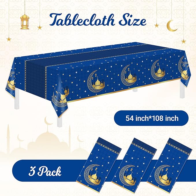 Childom 3 Pack Ramadan Mubarak Tablecloths for Eid Mubarak Decorations,54" x 108" Plastic Disposable Ramadan Kareem Table Cloth,Blue Eid al-Fitr Table Covers for Rectangle Tables,Dinner,Party Favors