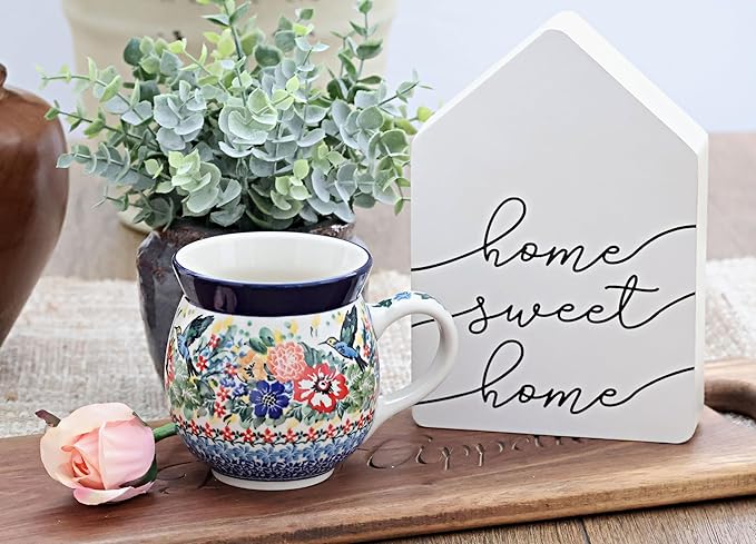 Blue Rose Polish Pottery - Red Hummingbird Bubble Mug - 16 oz - Unique Shape Mug for Coffee & Tea