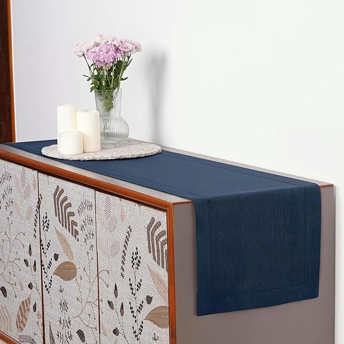 D'Moksha Homes Linen Navy Blue Table Runner 84 Inches Long - 100% Pure Linen Table Runner 14 x 84 Inch for Easter - Classic Hemstitch