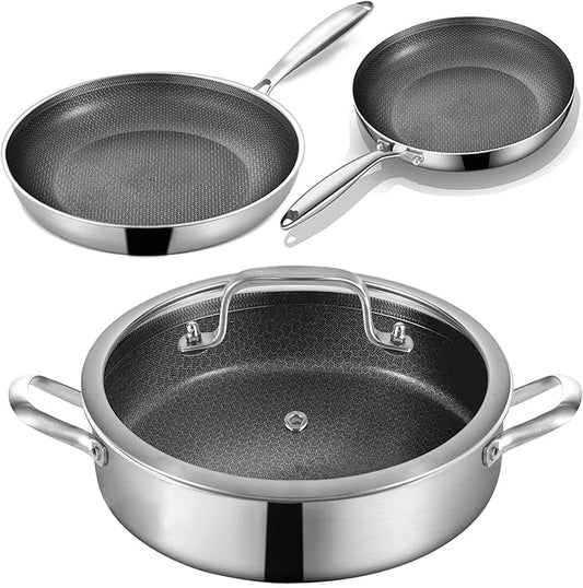 Inqibee 6 QT Hybrid Tri-Ply Stainless Steel Non Stick Sauté Pan with Lid & 8.5-10 Inch Frying Pan, 12 Inch Induction Deep Frying Pan Set, Dishwasher and Oven Safe