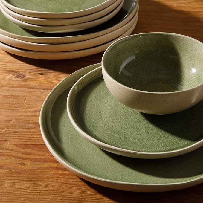 Gibson Elite Manila Bay 12-Piece Stoneware Dinnerware Set, Service for 4, Reactive Glaze Modern Artisan Plates, Bowls & Mugs, Green, Round Design