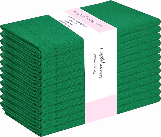 PurpleEssences Set of 12 Hemstitch Cloth Dinner Napkins 100% Cotton - Soft Durable Washable - Ideal for Wedding Christmas Holiday Winter - Perfect Everyday Use Table Linen 18x18 - St Patricks Green