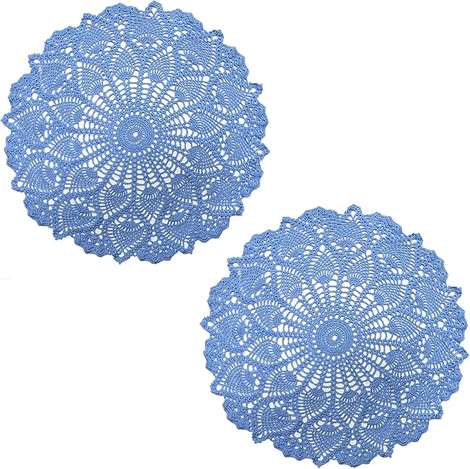 BIBITIME Lace Placemats Table Doilies Round Handmade Crochet Doily Kitchen Coffee Cup Mug Mats Dinner Place Mats (16 to 17.5 inches-2PCS, Sky Blue)