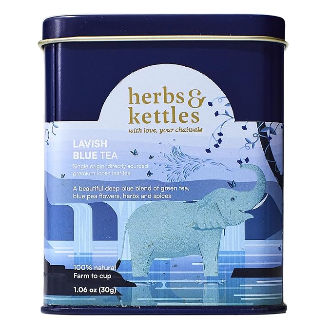 Herbs & Kettles Lavish Blue Tea | Butterfly Pea Flower Tea with Darjeeling Green Tea, Lemongrass, Ginger & Mint | Color-Changing Herbal Loose Leaf | Antioxidant Rich, Stress Relief & Skin Glow | Premium Tea Gift