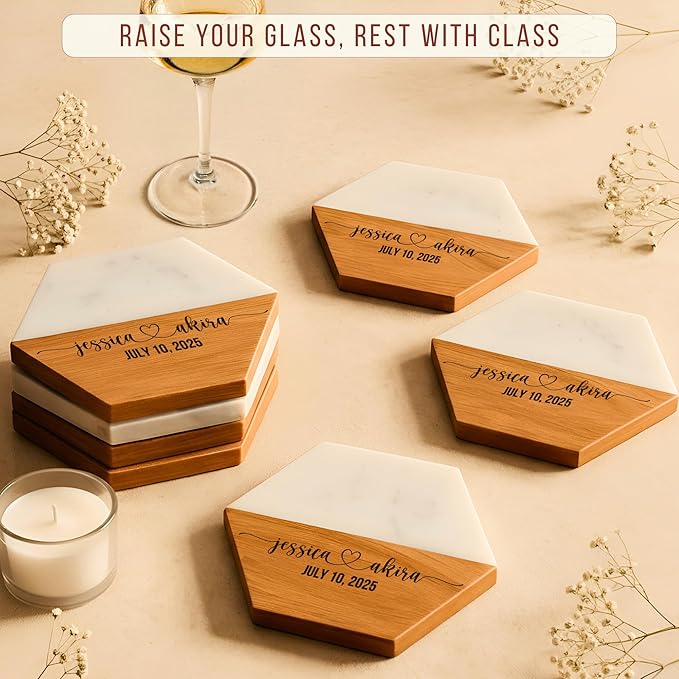 Personalized Wooden Coasters – Handmade Drink Coaster, Custom Wedding, Anniversary, Engagement, Housewarming, New Home, Newlywed, Bridal Shower Gift for Couple, Valentines Day Gifts for Her, Him