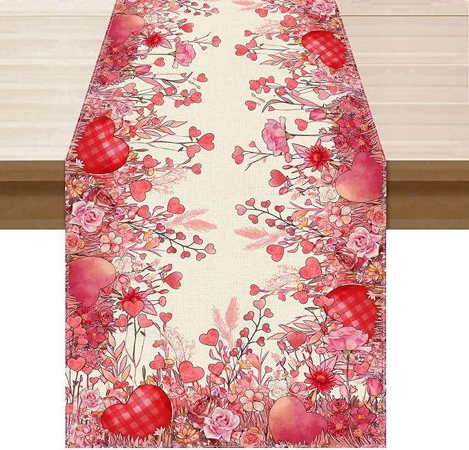 XCHI Wild Flowers Love Hearts Valentine’s Day Table Runner Table Decoration for Party Home Kitchen Dining Holiday Decor 13x90 Inch