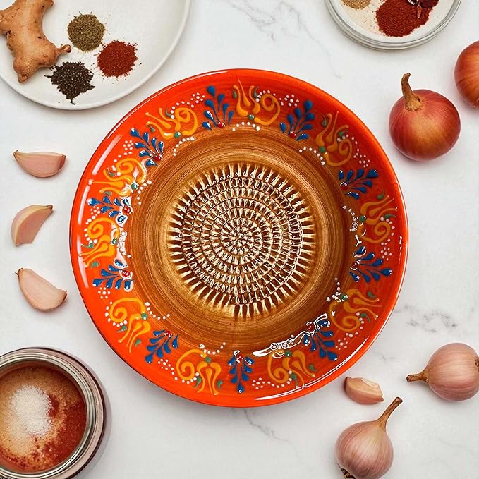 Ceramic Grater Bowl, Garlice Grater Plate, Handmade Ginger Grater, Mincer Bowl for Cheese &Vegetables, Ceramic Decorative Mincer, Hand Dish for Garlic (Sultan Orange)