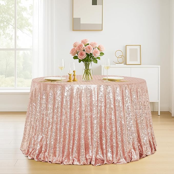 Eternal Beauty Rose Gold Tablecloth, 120 Inch Round Sequin Tablecloth for Valentines Party Cake Dessert Table Exhibition Events