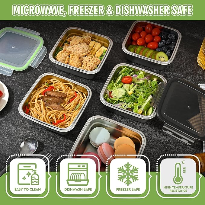 5 Pack Sandwich Containers, 24oz Stainless Steel Sandwich Box with Airtight Lids, Reusable Metal Meal Prep Lunch Boxes, BPA-Free, Dishwasher Safe, Food Storage Containers for Families (Green)
